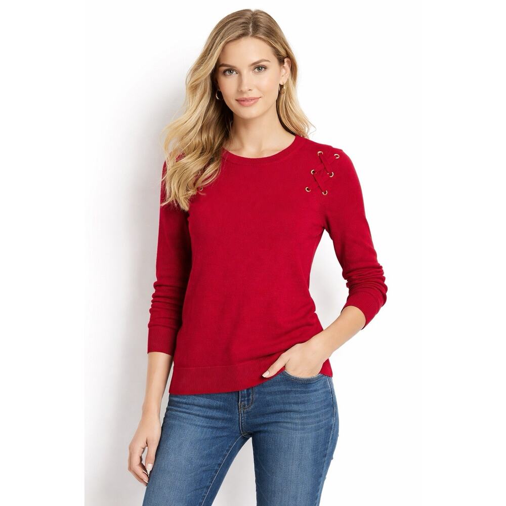 Michael Kors Red Knit Pullover Sweater Lace Up Eyelet Shoulder Women M